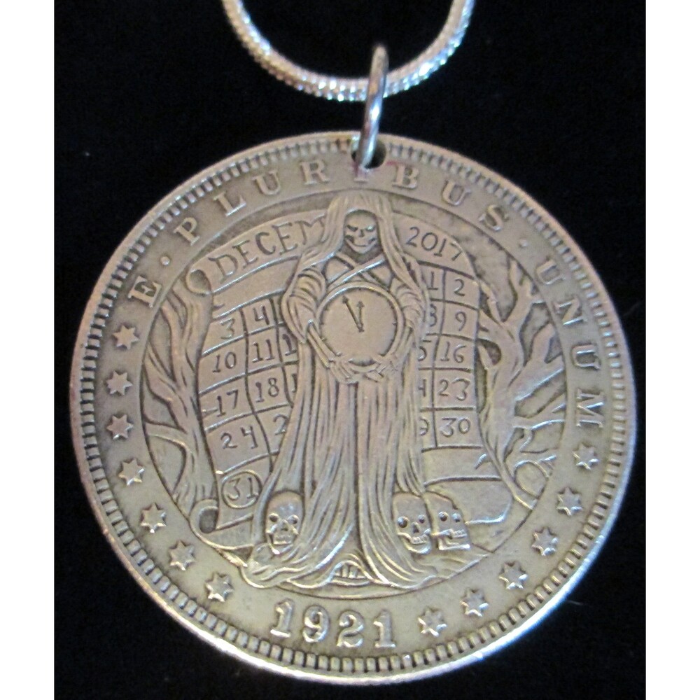 Hobo Coin US 1921 Morgan Dollar With Santa Muerte holding a Clock,  Necklace